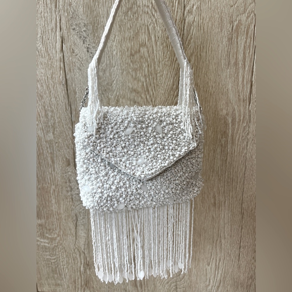 NWT Viral Handmade White Beaded Bag with Fringe, Handcrafted in India, Bridal